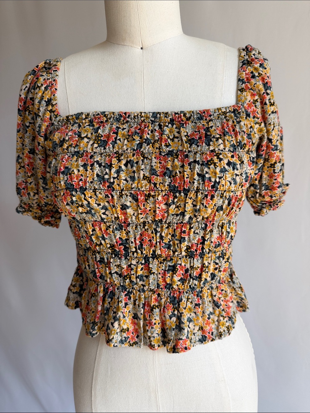 Patrons of Peace Black Floral Smocked Square-Neck Crop Top